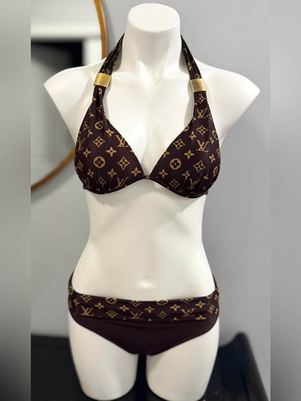Louis Vuitton Brown and Gold Monogram Halter Bikini